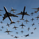 A composite photo of planes taking off from Heathrow Airport over the course of an hour.